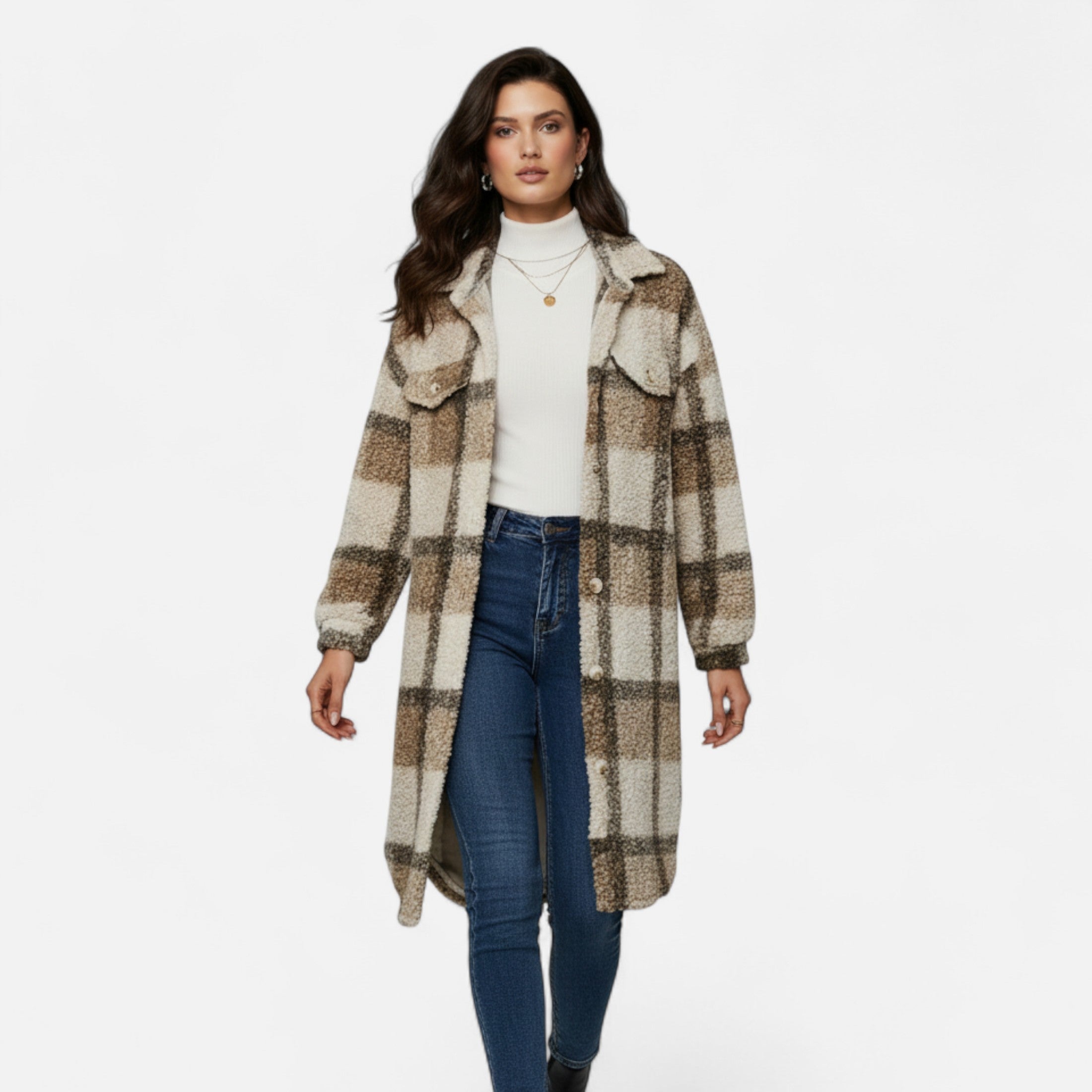 Elmbra | Lange Geruite Pluche Jas – Sherpa Stijl