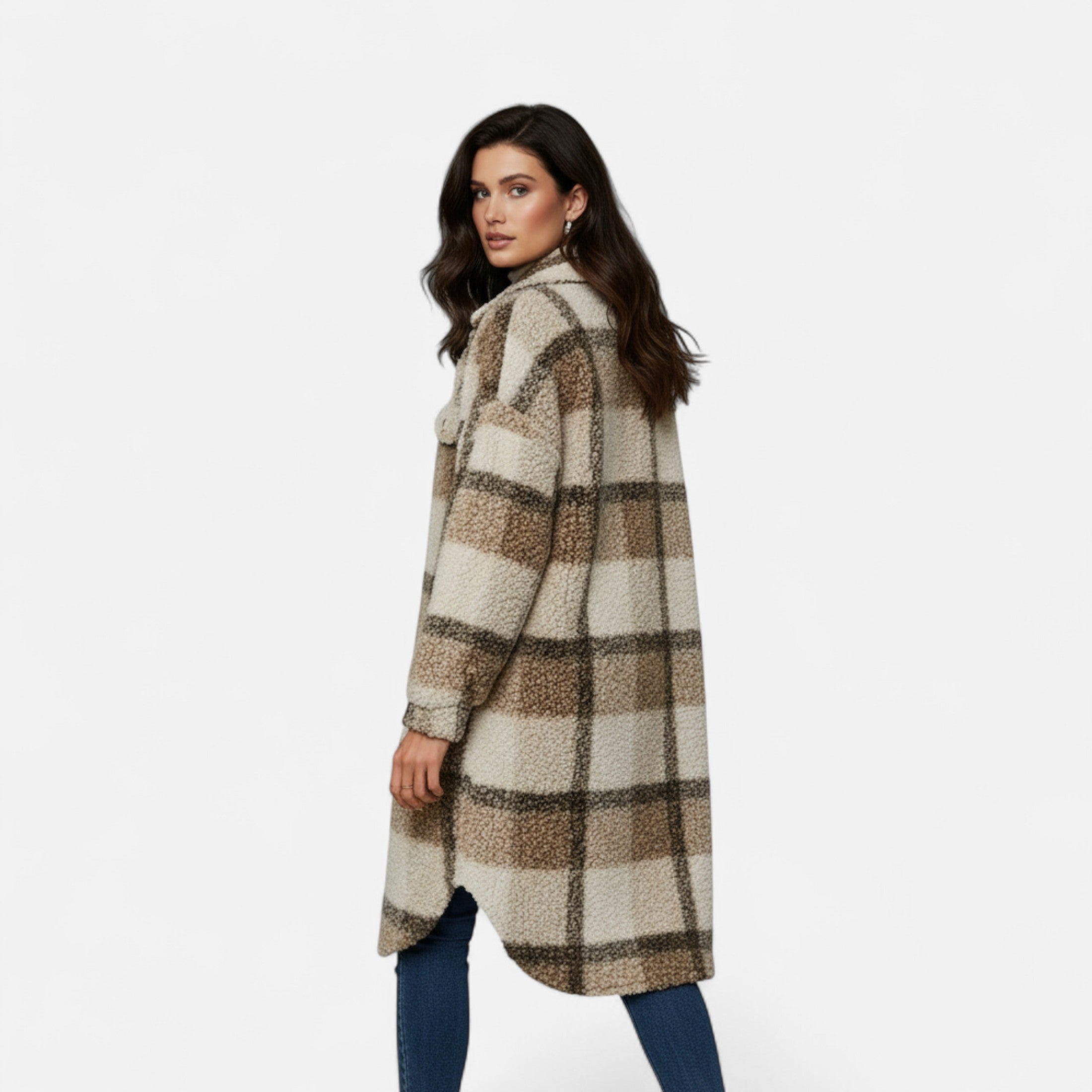 Elmbra | Lange Geruite Pluche Jas – Sherpa Stijl