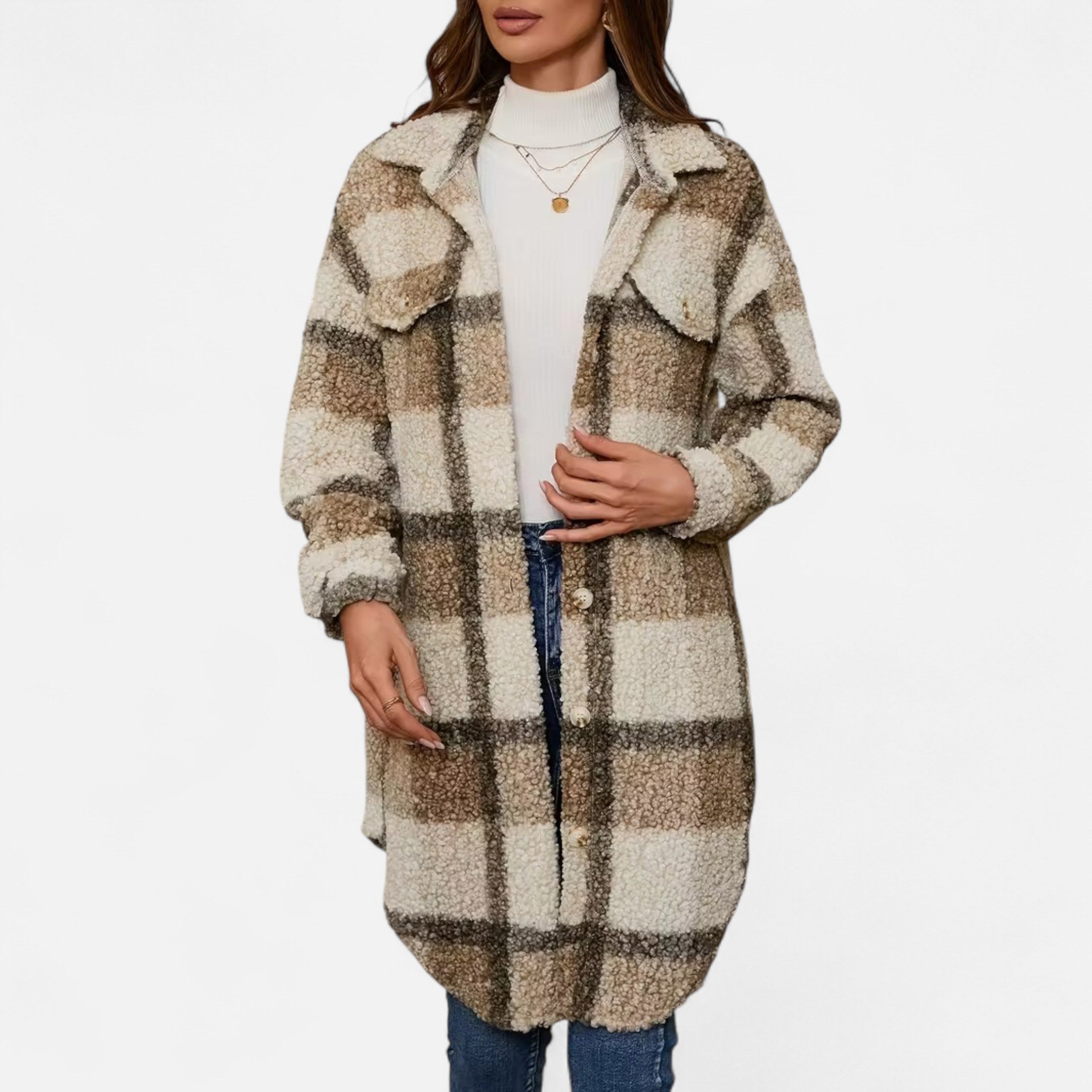 Elmbra | Lange Geruite Pluche Jas – Sherpa Stijl