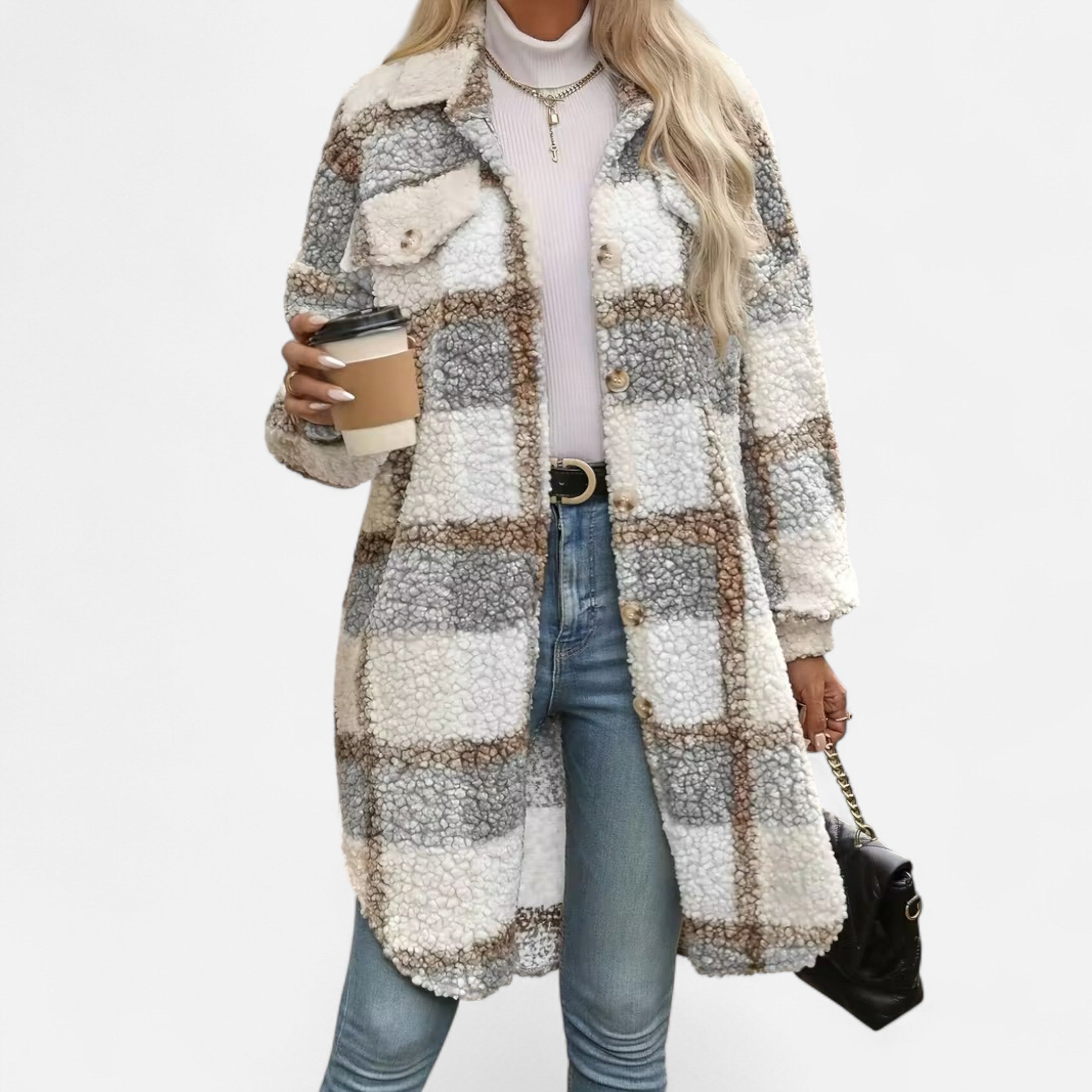 Elmbra | Lange Geruite Pluche Jas – Sherpa Stijl