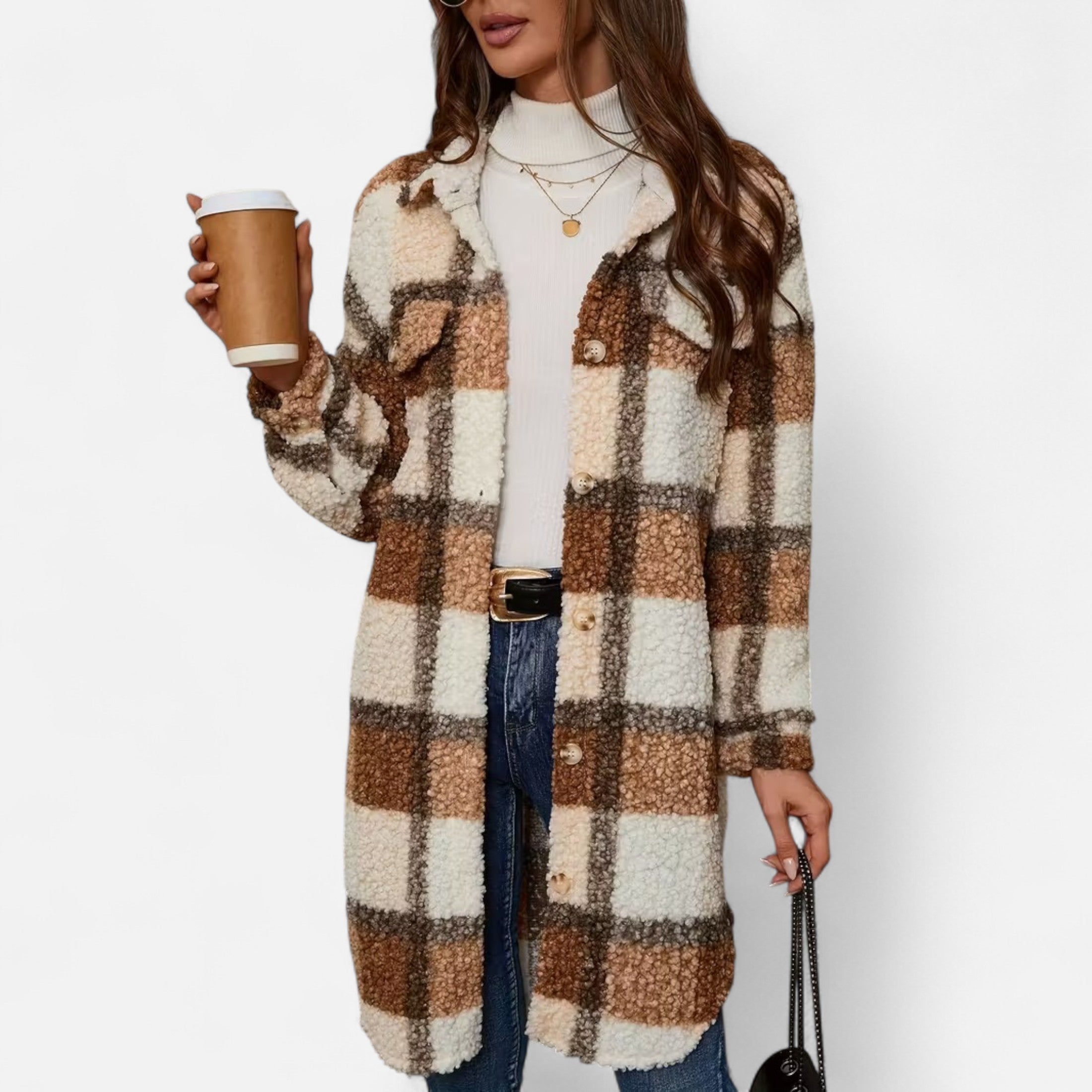 Elmbra | Lange Geruite Pluche Jas – Sherpa Stijl
