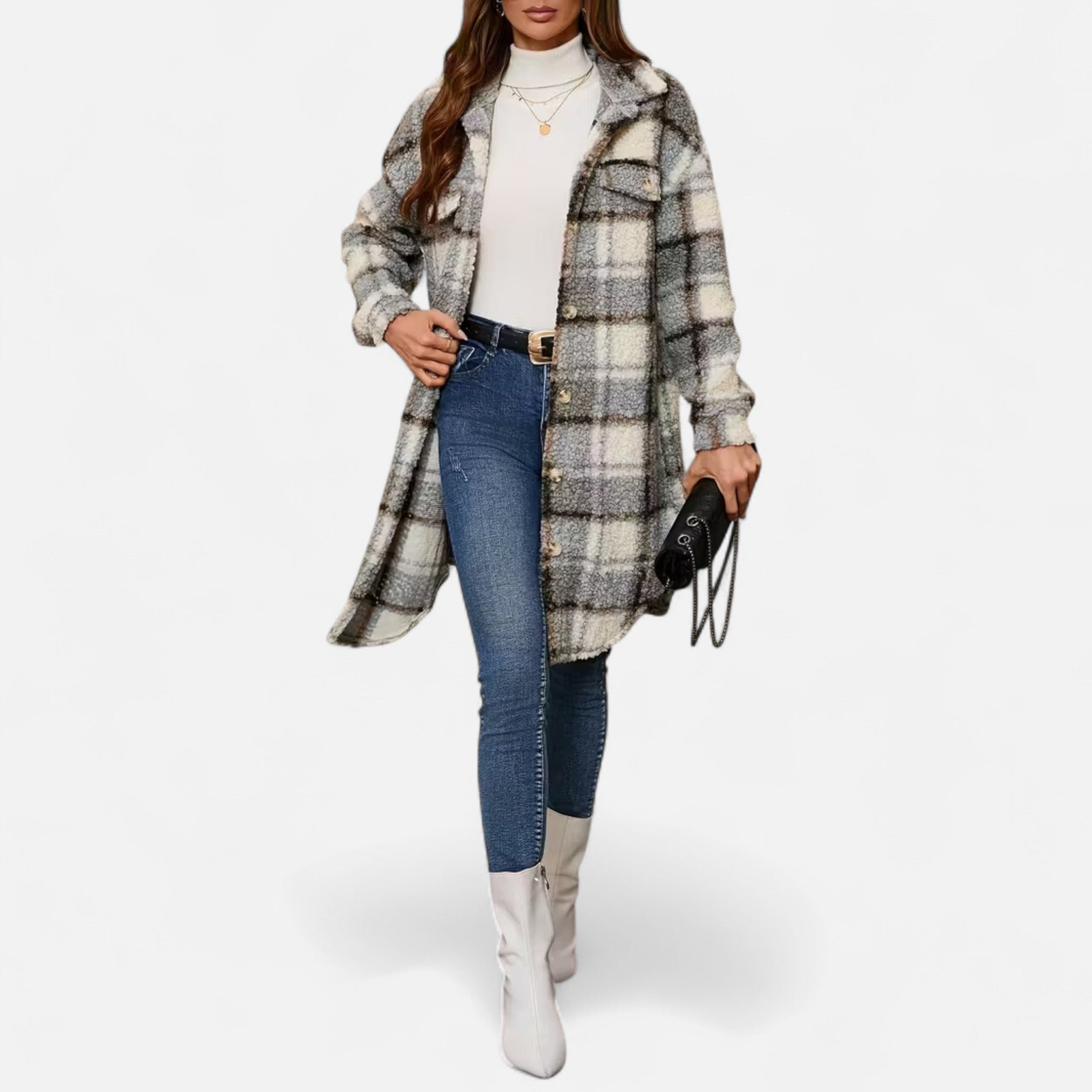 Elmbra | Lange Geruite Pluche Jas – Sherpa Stijl