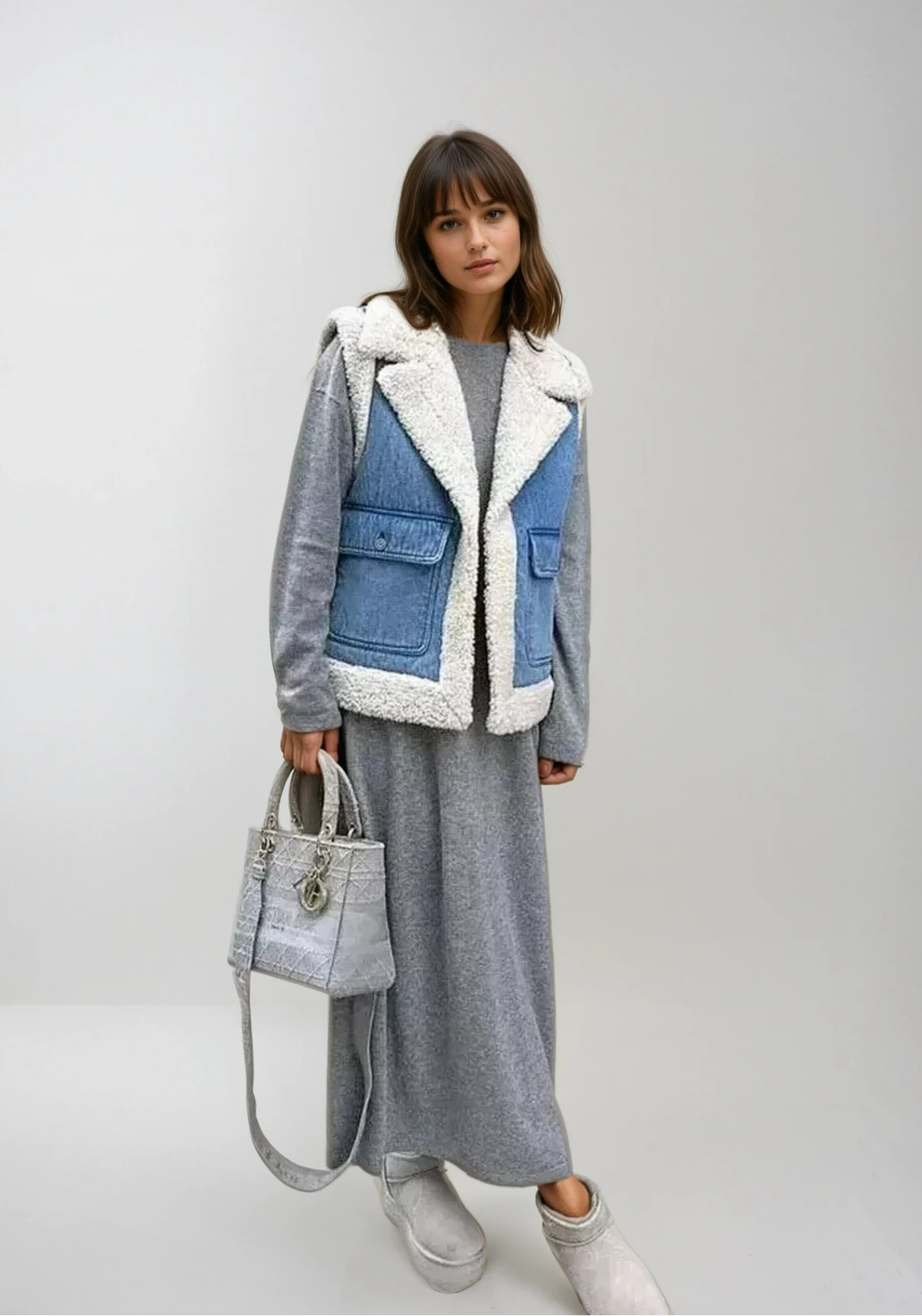 Hadleyra | Denim gilet met lamswollook – Revers met zakken