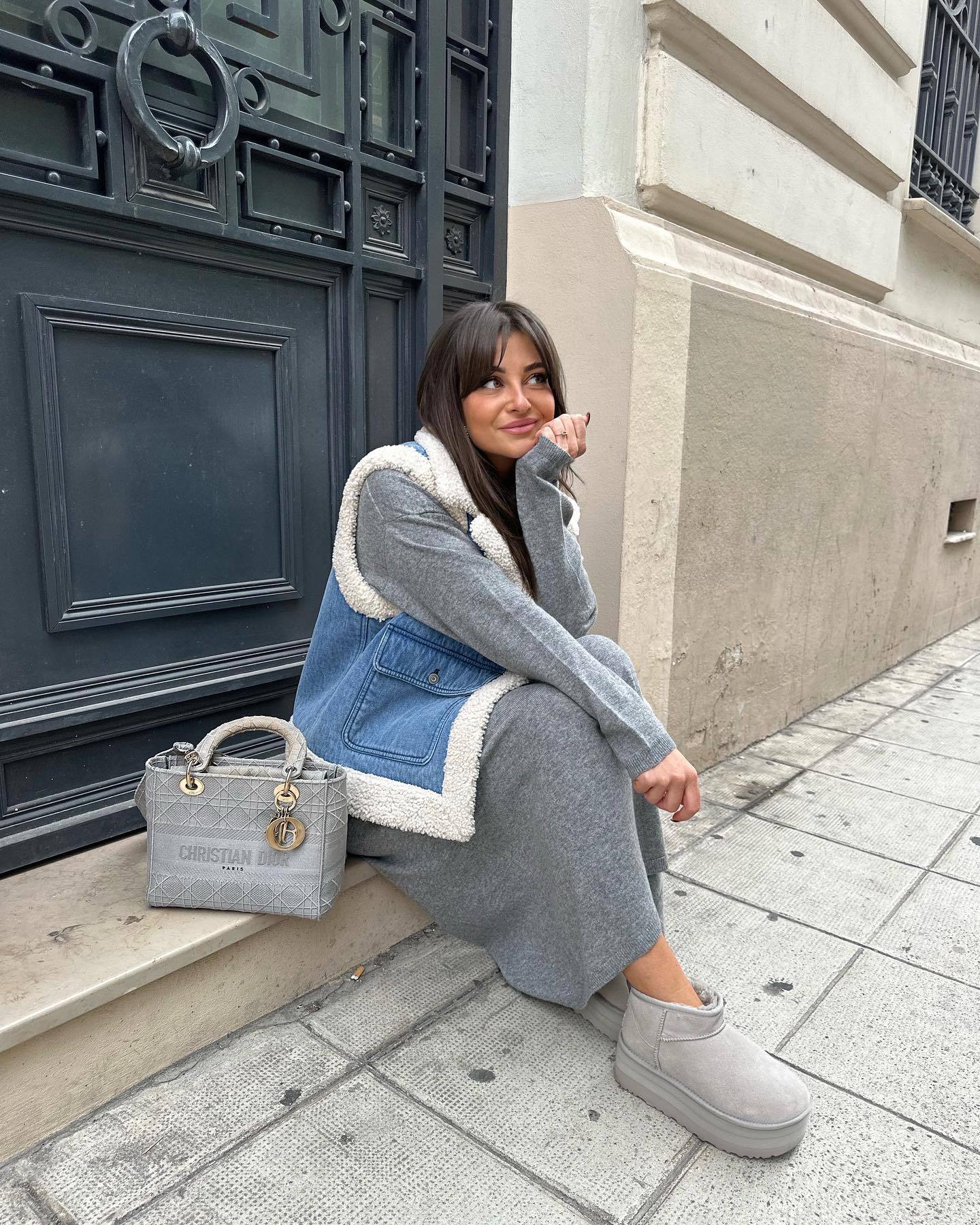 Hadleyra | Denim gilet met lamswollook – Revers met zakken
