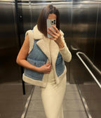 Hadleyra | Denim gilet met lamswollook – Revers met zakken