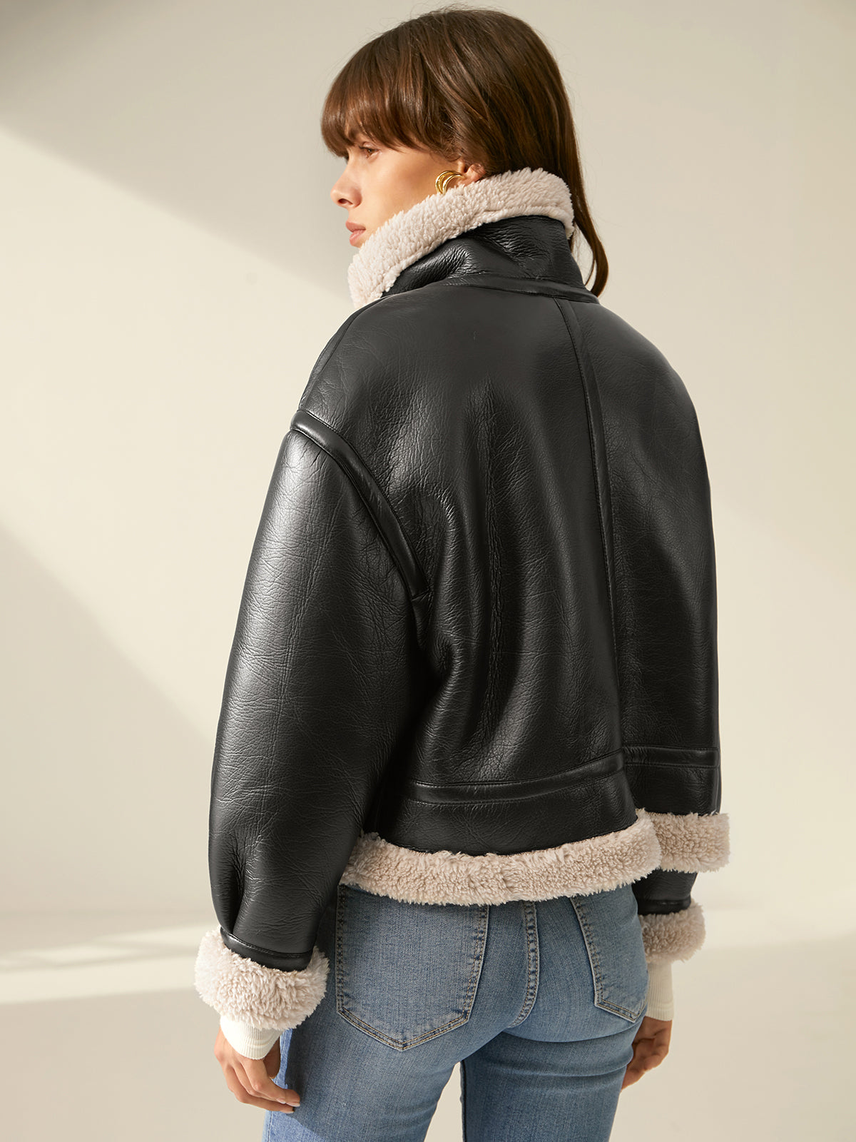 Noir | Leren Flight Jacket – Kraagriem met Sherpa Voering