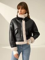 Noir | Leren Flight Jacket – Kraagriem met Sherpa Voering