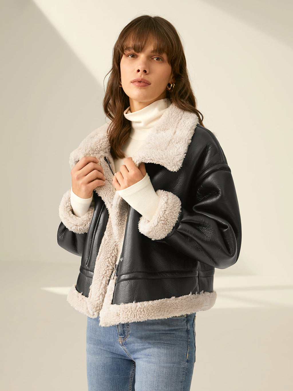 Noir | Leren Flight Jacket – Kraagriem met Sherpa Voering