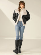Noir | Leren Flight Jacket – Kraagriem met Sherpa Voering