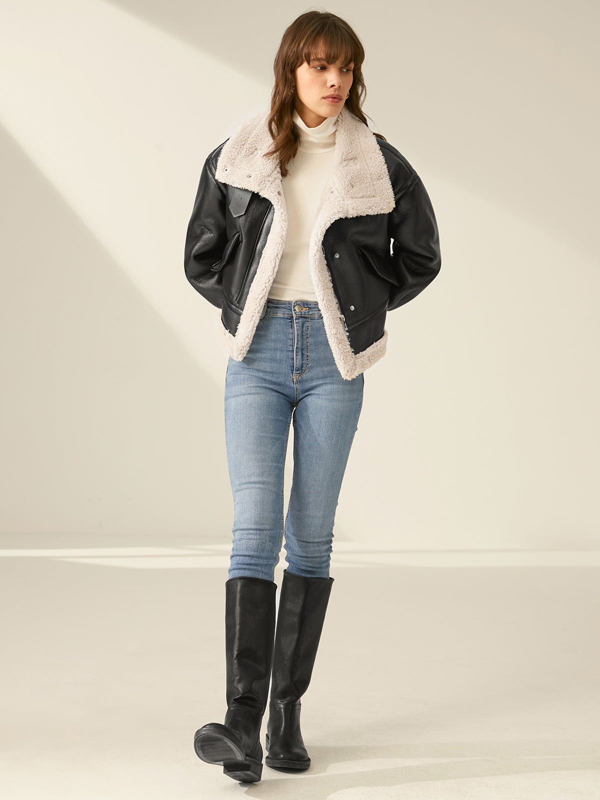 Noir | Leren Flight Jacket – Kraagriem met Sherpa Voering